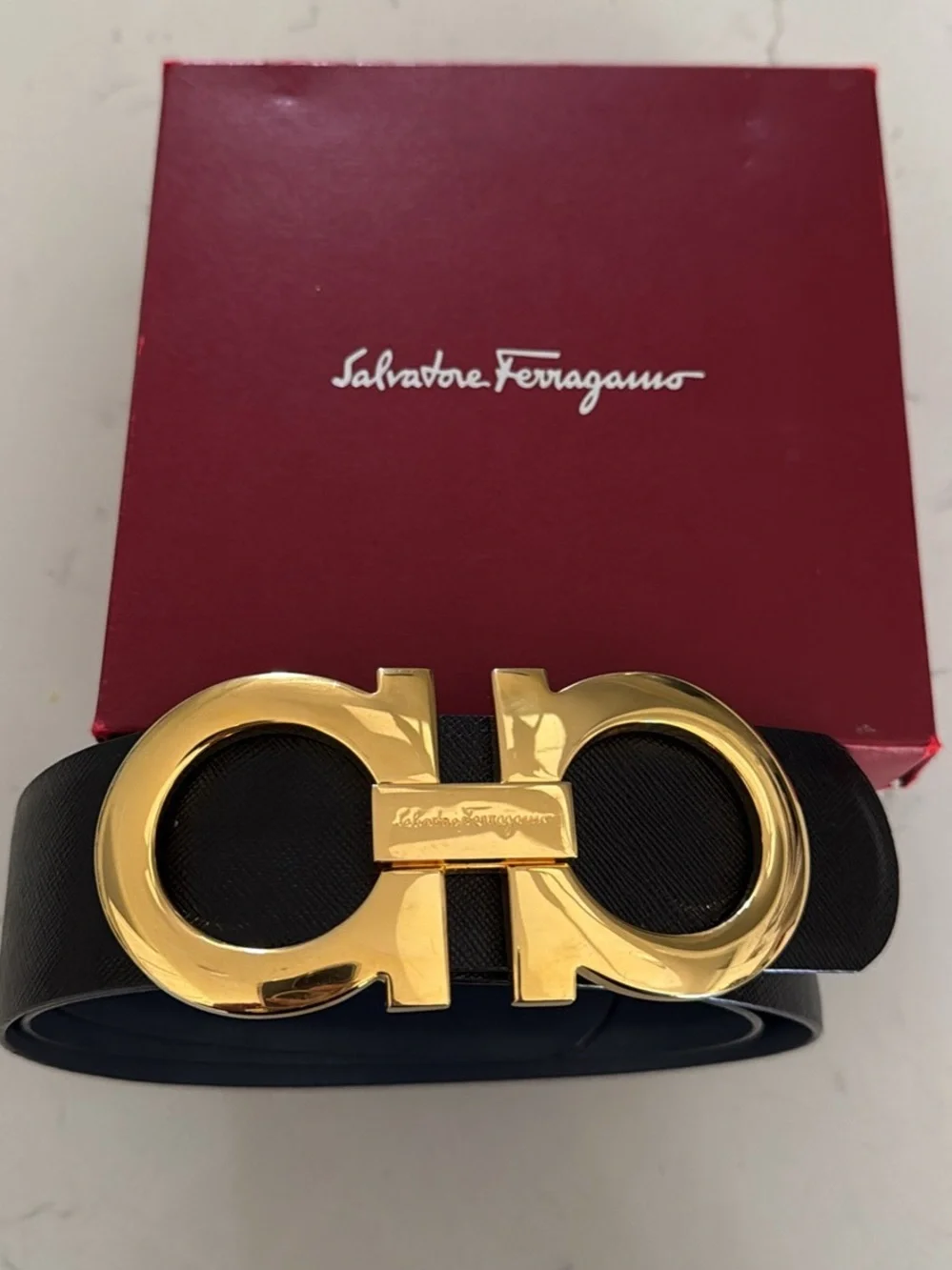 Salvatore Ferragamo Black Leather Belt with Gold Double Gancini Buckle